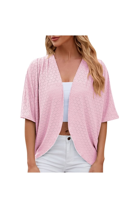 Light Sweaters for Women Fall Dressy New Open Front Cropped Cardigan for Women 3/4 Sleeve Shrugs Outerwear Fashion Loose Casual Comfy Soft Jacket Pinky S