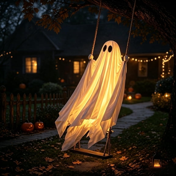 Clearance! Light Up Swing Hanging Ghost Halloween Outdoor Decorations, Remote Control Lighting Soft Fabric Glowing Ghost Ornament, Spooky Prop For Tree Branch Porch Patio Yard Halloween Party Decor