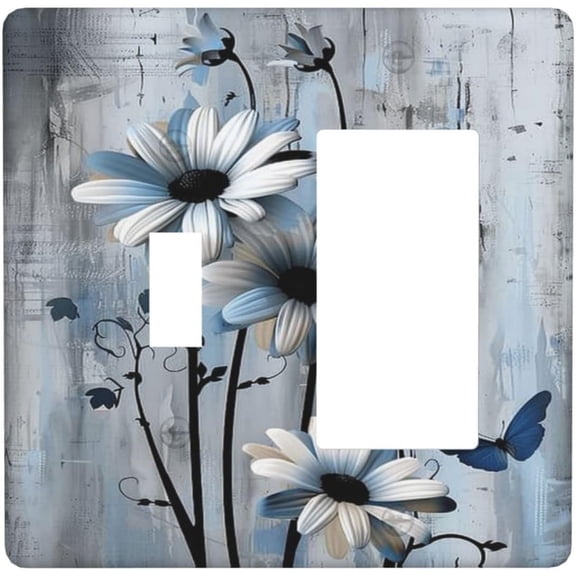 Light Switch Cover Rustic Wood Blue Florals Butterfly Flower 2 Gang Toggle Rocker Combo Socket Cover Wall Plates Decorative Switch Plates and Outlet Covers for Bedroom Home Decor