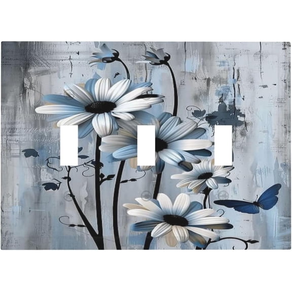 Light Switch Cover Rustic Wood Blue Florals Butterfly Flower 3 Gang Wall Plate Triple Toggle Light Switch Plate Decorative Outlet Covers Electrical Switchplate for Bedroom Home Decor