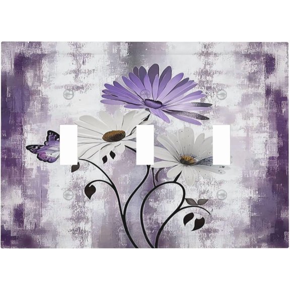 Light Switch Covers Purple Daisy White Floral Butterfly Flowers 3 Gang Wall Plates Triple Toggle Outlet Cover Decorative Switchplates Electrical Panel Cover for Kitchen Living Room 4.8 X 6.7 IN