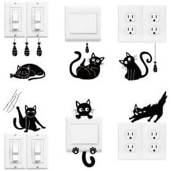 Light Switch Plate Stickers Labels Decals 6Pcs 7"x7" Funky Cats for Home House Decorative Funny Peel and Stick Light Wall Outlet Stickers for Switch Decoration
