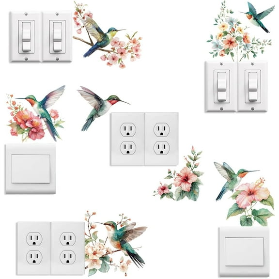 Light Switch Plate Stickers Labels Decals 6Pcs 7"x7" Hummingbird and Flower for Home House Office Kitchen Decorative Funny Peel and Stick Light Wall Outlet Stickers for Switch Decoration