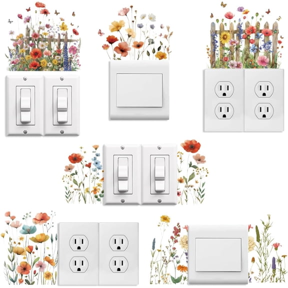 Light Switch Plate Stickers Labels Decals 6Pcs 7"x7" Wild Flower for Home House Office Kitchen Decorative Funny Peel and Stick Light Wall Outlet Stickers for Switch Decoration Mixed Color