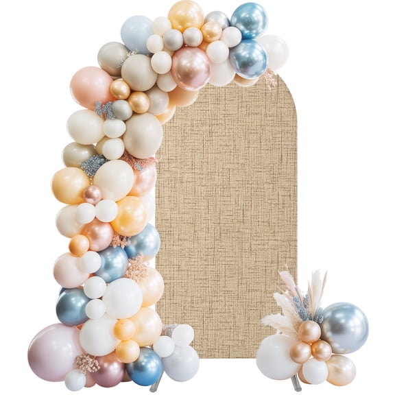 Light Tan Linen Weave Wedding Arch Backdrop Cover 5FT ,Spandex Fitted Neutral Rustic Fabric Print Wedding Arch Covers Round Top Chiara Arches Backdrop Stand Cover for Birthday Party Ceremony Banquet