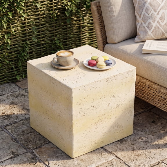 Light Tan Square MGO Side Table, Faux Travertine Textured Accent End Table, Pre-Assembled Non-KD Design, 80 LBS Load Capacity, Indoor & Outdoor Multi-Use Cube Stool Table
