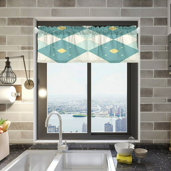 Light Teal Argyle Curtain Valances Window Treatment Rod Pocket Drape Valance 54" X 18" for Kitchen Living Room Bedroom