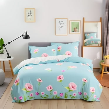 Light Teal-Blue Floral Bedding Set with Pink Roses - Comforter Pillowcases & Sheet - Feminine Bedroom Decor