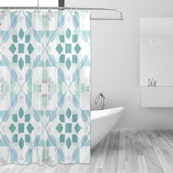 Light Teal Color Tile Pattern Shower Curtains with 12 Hooks Waterproof Bathroom Decor 66" x 72"
