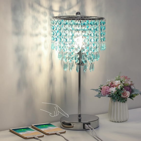Light Teal Crystal Table Lamp with USB Charging Ports, Touch Control Dimmable Bedside Light
