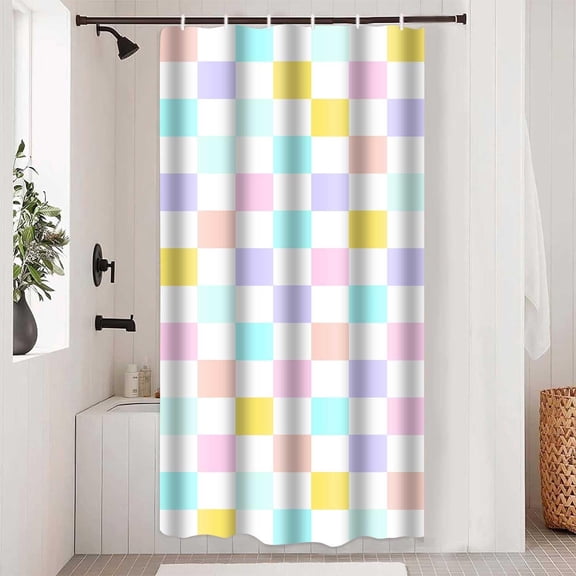 Light Teal Yellow Checkered Shower Curtain for Kids Bathroom 36x72Inch | Cute Pastel Purple Pink Aqua Multicolor Checkboard Bath Curtains, Washbale Fabric, for Nursery Playroom Classroom with 6Hook