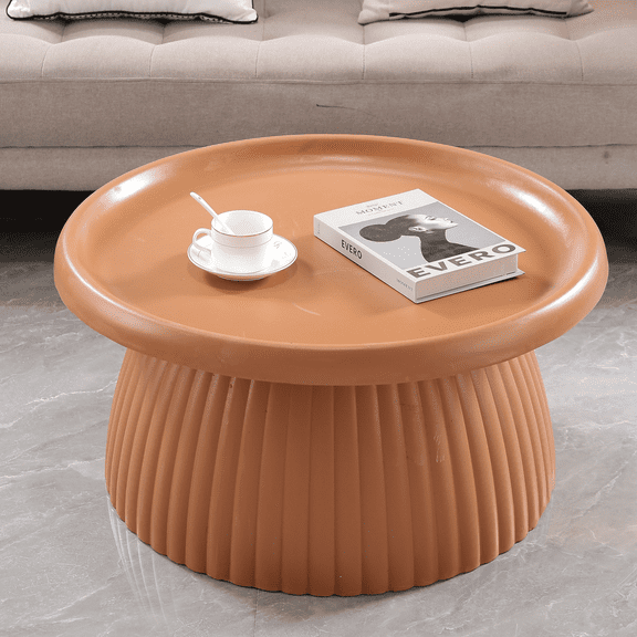 Light Terracotta Magnesium Oxide Fluted Base Coffee Table 27.56" Diameter Round Center Table