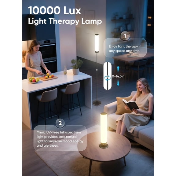 Light Therapy Lamp 10,000 Lux Happy Therapy Light with Remote, 2-in-1 Pedestal to Tabletop Lighting, Full Spectrum Daylight Lamp with Adjustable Color/Brightness/Timer, Memory Function, 24W