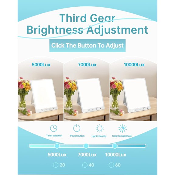 Light Therapy Lamp with 10,000 Lux, UV-Free, LED Bright White Light with 3 Color Temperature, 3 Brightness Levels, 20-60min Timer, Touch Control Happy lamp - Boost Mood, Sleep & Focus