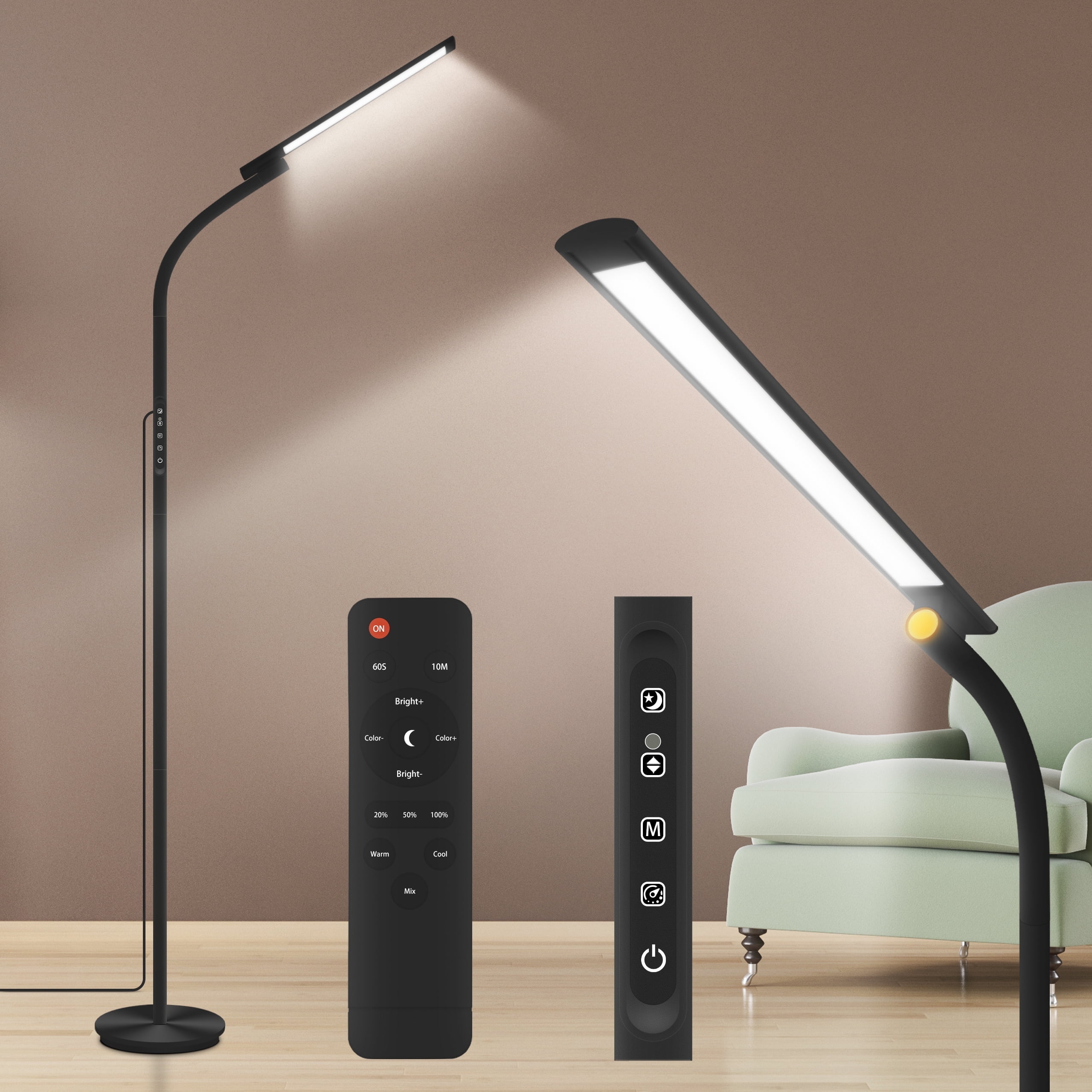 Light Therapy Lamp,10000 Lux Floor Sun Therapy Lamp with Remote & Touch Control & Adjustable Gooseneck Happy Lamp for Office/Home/Apartment (Black)