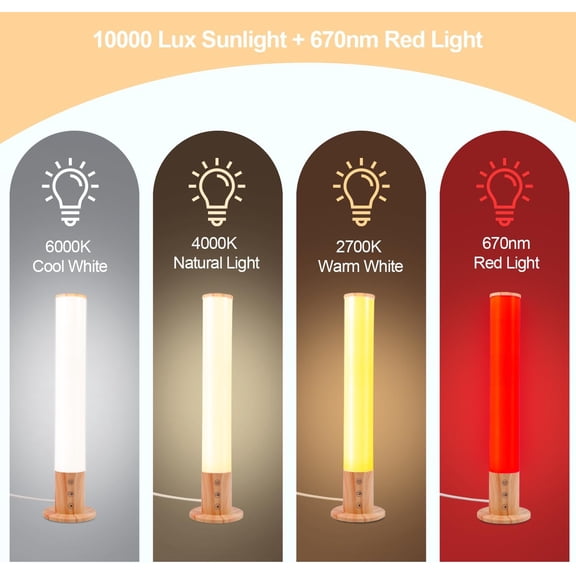 Light Therapy Lamp - 10000 Lux Full Spectrum Sun Lamp, 3 Color Temperatures & 670nm Red Light, Touch/Remote Control, Stepless Dimming, USB Charging, GlowPillar Sunlight Lamp for Home Office