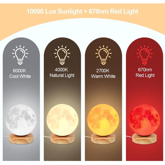 Light Therapy Lamp - 10000 Lux Full Spectrum Sun Lamp, 3 Color Temperatures & 670nm Red Light, Touch/Remote Control, Stepless Dimming, USB Phone Charging, Moon Sunlight Lamp for Home Office