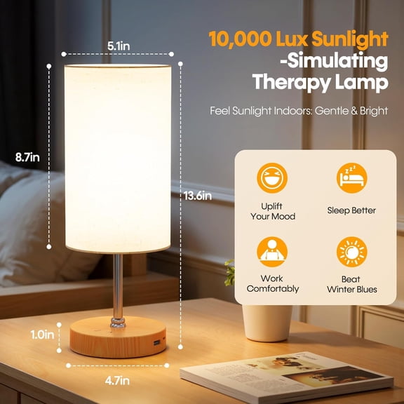 Light Therapy Lamp,10000 Lux Sun Lamp with Remote,3 Color Temperatures & Stepless Dimming,Happy Sunlight Lamp with USB C & A Ports,UV-Free Full Spectrum Light for Home, Office