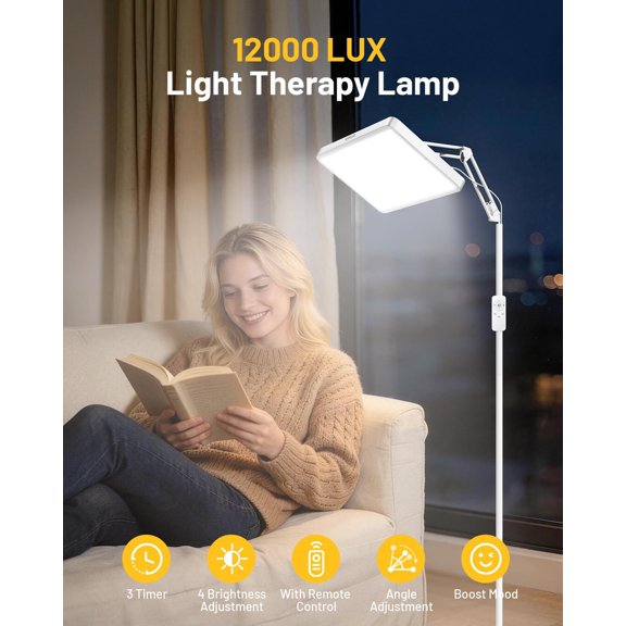 Light Therapy Lamp - 12000 LUX Therapy Lights, Happy Lamp with Remote, Light Box Therapy with 3 Timer & 4 Brightness, LED UV-Free Daylight Lamp Perfect for Home