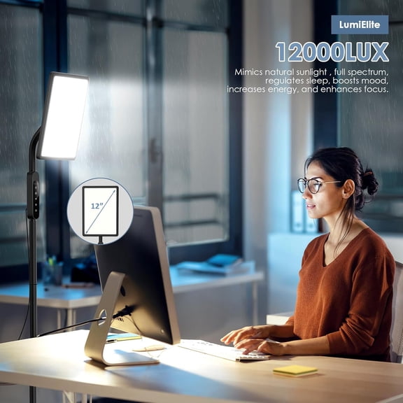 Light Therapy Lamp 12000 Lux,Sunlight Lamp with Touch&Remote Control, 4 Color Temperatures &5 Brightness Levels,Full Spectrum Daylight with 4 Timers,3-in-1 Retractable Floor Lamp.