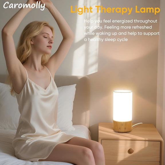 Light Therapy Lamp, Happy Lamp 10,000 LUX UV Free with 3 Color Temperature & 5 Brightness Level, Full Spectrum Light Wood Base Round Flaxen Fabric Shade for Home, Office, 4"  8.4