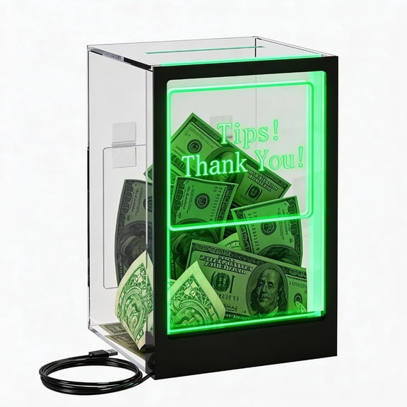 Light Up Tip Jar with LED Lights and Remote, Lockable Suggestion Box with 2 Sign Holders (Tips Thank You & Blank DIY), USB Powered Donation Box with Color Changing LED for Bar, Cafe, Food Truck