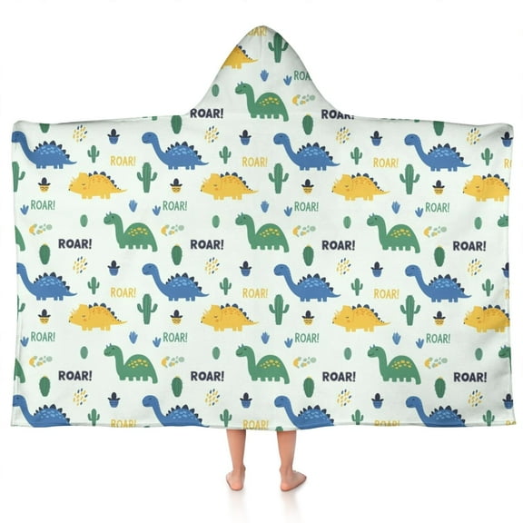 Light Toned Dinosaur with ROAR Pattern Hooded Bath Towel，50"x30" for Ages 3 To 12 Kids, Quick Dry Lightweight Soft Microfiber Hood Beach Towel Cover Up for Kids