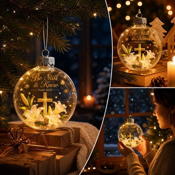 Light Up Transparent Christmas Ornament Ball,Religious Cross Lily Scripture Design Hanging Bauble With Built-in LED Lights,Christmas Tree Mantel Window Decor,A