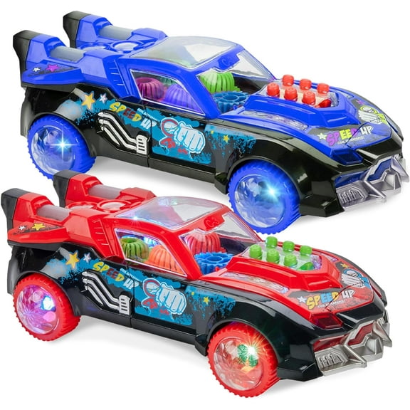 Light Up Transparent Race Car Toy for Toddlers Bump and Go Toy Car Visible Colorful Moving Gear System with Music and LED Effects - Fun Educational Toy for Kids - Great Birthday Gift Idea