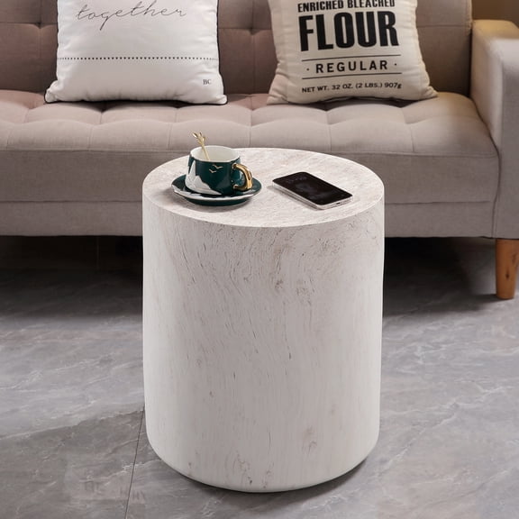 Light Travertine Finish Magnesium Oxide Drum Side Table 15.75" Diameter Round End Table