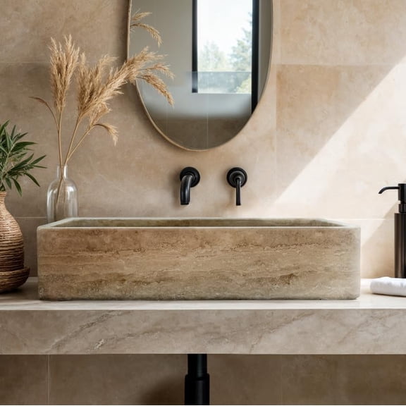 Light Travertine Rectangular Vessel Sink - Handcrafted Natural Stone Bathroom Sink