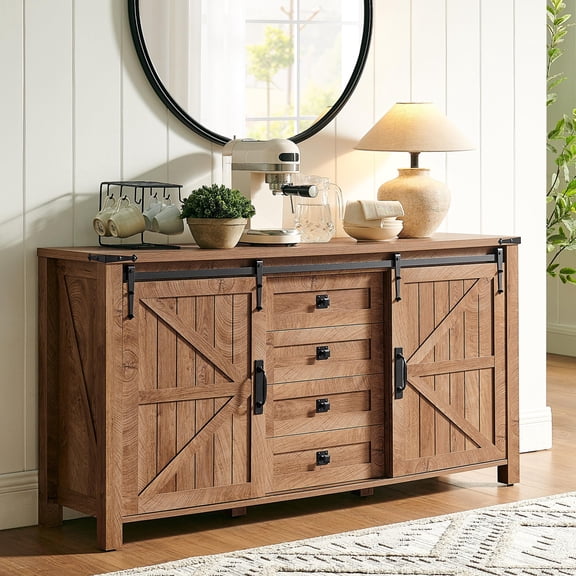 Light Tree Knot Farmhouse Sideboard with Sliding Barn Doors, 4 Drawers, 60