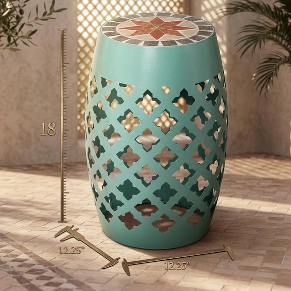 Light Turquoise 18"  Round Side Table, Ceramic Mosaic Tile Top Garden Stool with Decorative Lattice Design, Metal Outdoor End Table for Balcony, Porch, Yard, Plant Stand, 175lbs Capacity
