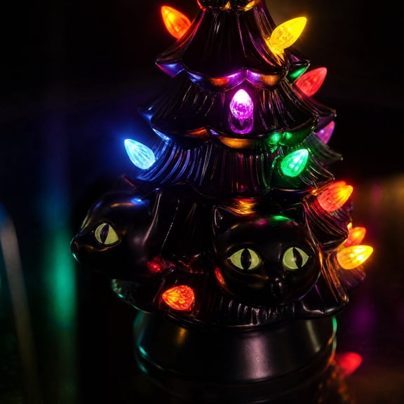 Light-Up Black Cat Tree Halloween Decoration for Home, Tabletop, Shelf, Mantel or Party Display