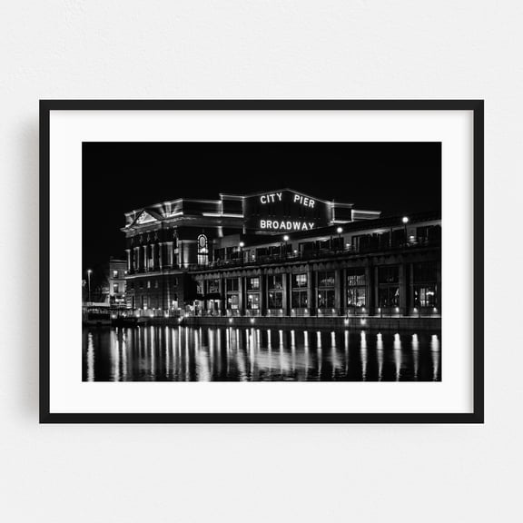 Light Up, Broadway Pier - Baltimore Maryland Photography Black and White City Nightlife Architecture Cityscape Neon Sign Black Framed Wall Art Print 8 x 10 inches