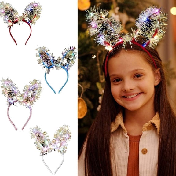 Light Up Bunny Ears Headband Easter Feather Glitter Head Bands Rabbit Ear Hair Accessory for Women and Girls