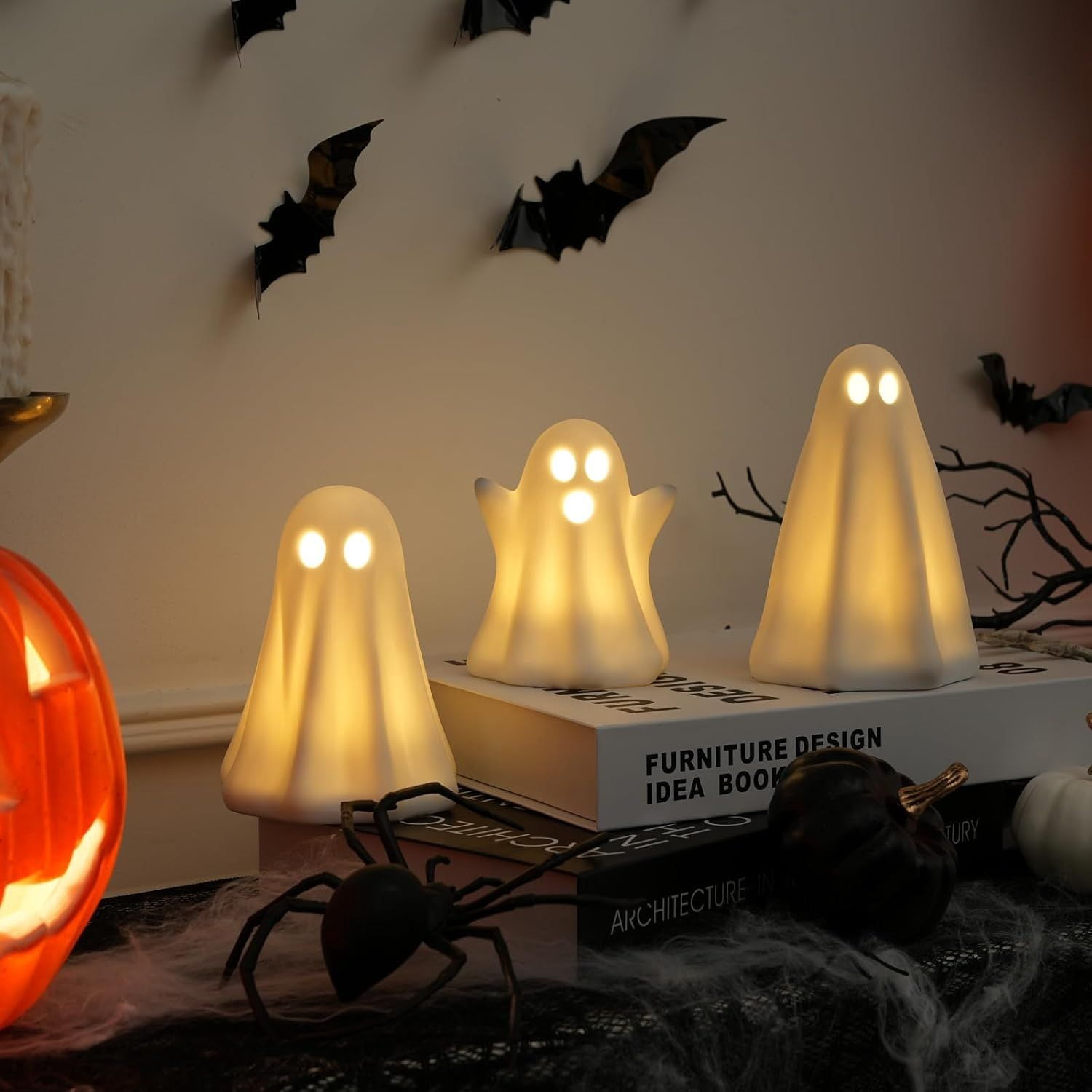 Light Up Ceramic Ghost Decorations with Timer for Halloween Indoor Display