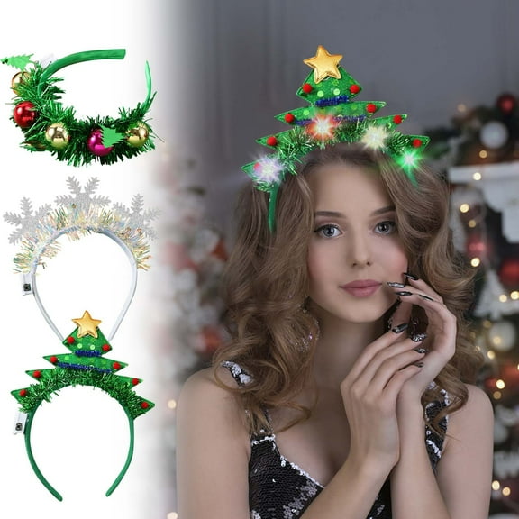 Light Up Christmas Antler Headband with Glitter & LED Lights | Festive Holiday Headwear for Kids & Adults | Christmas Tree Hair Ornament Costume Prop