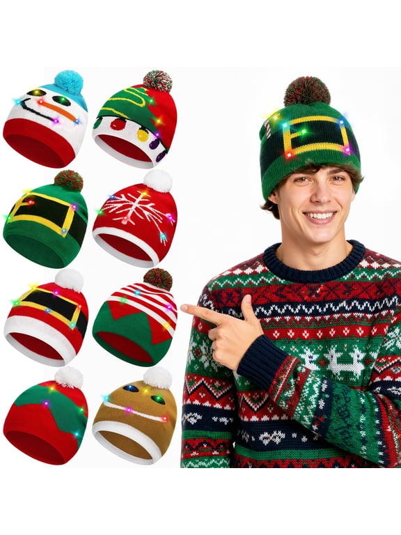 Light Up Christmas Beanie Hats for Adults, Multicolor LED Knitted Winter Hats, Assorted Holiday Party Hats for Group Celebrations, 6 Pack / 8 Pack