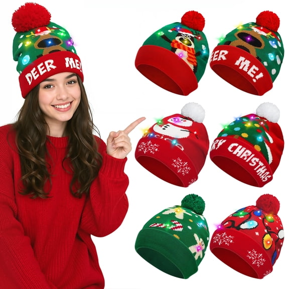 Light Up Christmas Beanie Hats for Adults, Multicolor LED Knitted Winter Hats, Assorted Holiday Party Hats for Group Celebrations, 6 Pack / 8 Pack