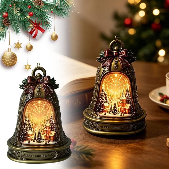 Light-Up Christmas Bell Ornament, Resin Holiday Village Decor with Infinity Mirror Effect, Warm Glow for Mantel and Tabletop, Antique Bronze, 5.91 Inch