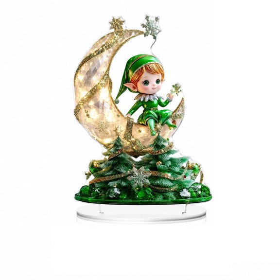 Light Up Christmas Decor Elf Figurine with Glowing Moon and Tree Base, 5X8 Inches, Green and Gold, for Living Room Tabletop, Holiday Centerpiece