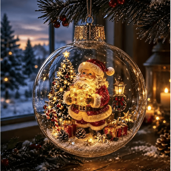 Light-Up Christmas Diorama Ornament, Warm LED Glowing Holiday Scene, Clear Acrylic Hanging Tree Decor for Xmas