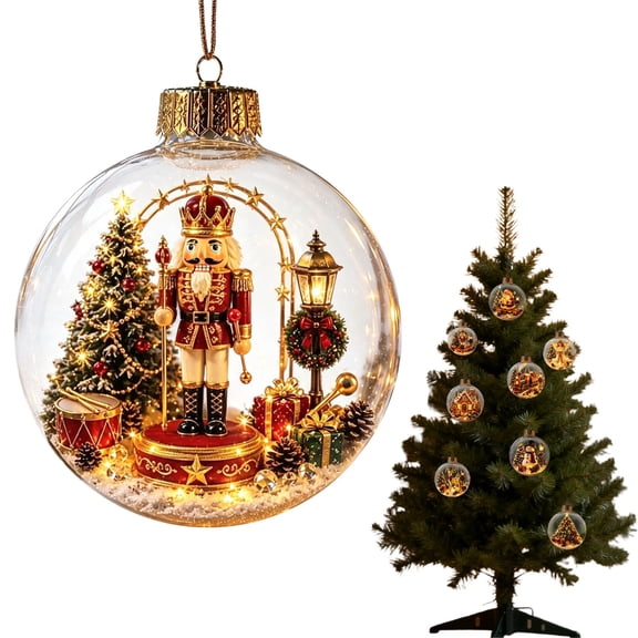 Light‑Up Christmas Glowing Ornament Ball, Miniature Holiday Scene Inside, Built‑in Battery Hanging Decoration, Festive Transparent Ball Ornament for Christmas Tree Home Party Decor Nutcracker Soldier