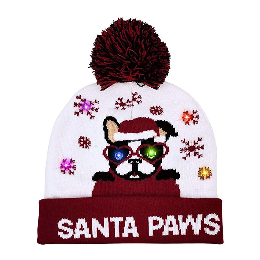 Light Up Christmas Hat LED Christmas Beanie, Cartoon Dog X-mas Knitted Hat for Adults and Kids New Year and X-mas Supplies Red