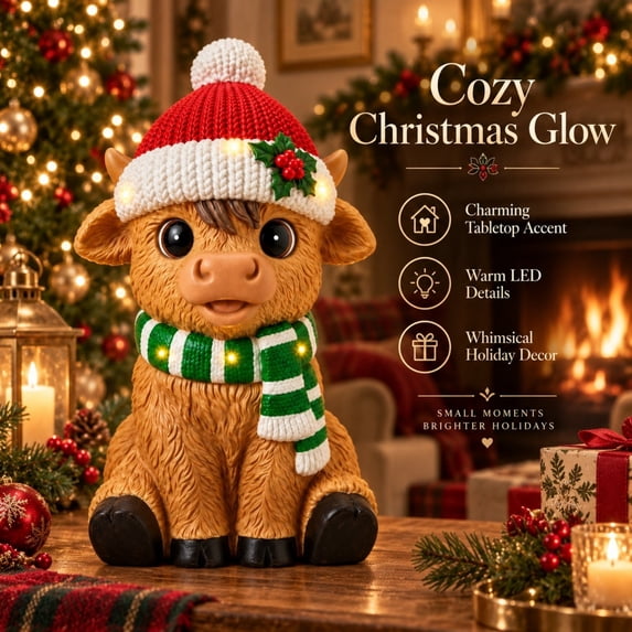 Light‑Up Christmas Highland Cow Resin Statue, Cute Sitting Highland ...