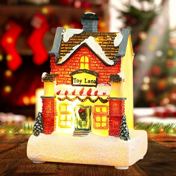 Light Up Christmas Winter Snow Village Houses, Resin Christmas House with Warm Light Battery Operate (B Type)