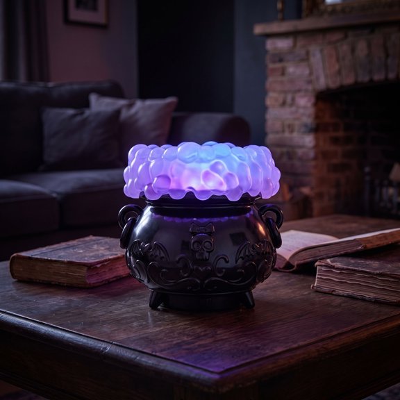 Light-Up Color-changing Cauldron Waterglobe, Gothic Skull Bat Pattern Light-up Color-changing Cauldron, Desktop Illuminated Globe for Halloween Display