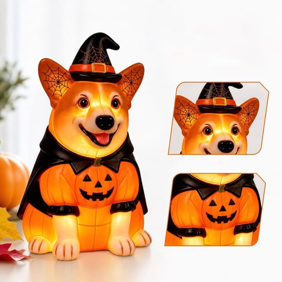 Light Up Corgi Pumpkin Figure with Witch Hat and Cape, 1 Piece, Orange and Black, for Front Porch Display, Halloween Decoration