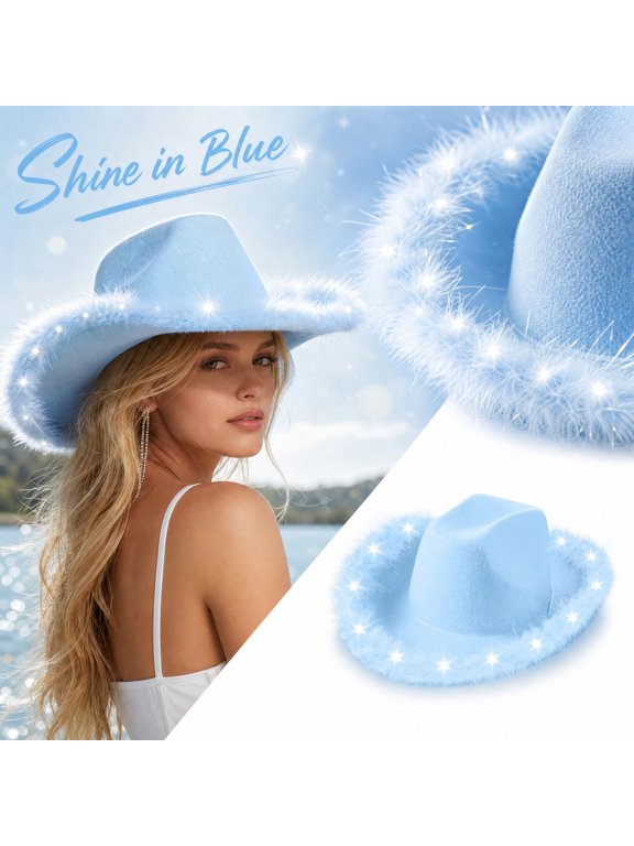 Light Up Cowboy Hat, Western Party Hat with Frayed Trim Wide Brim, Adult Costume Accessory
